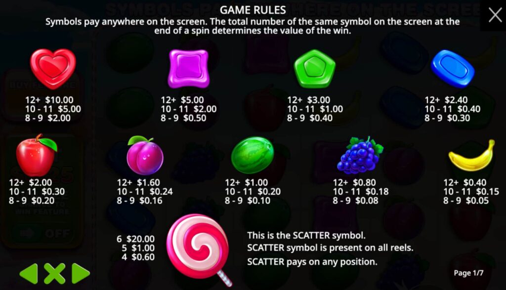 Screenshot showing the Sweet Bonanza slot symbols and payouts