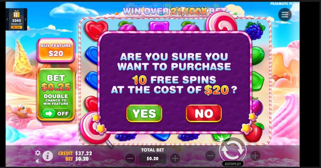 Screenshot showing the buy bonus feature in Sweet Bonanzajpg