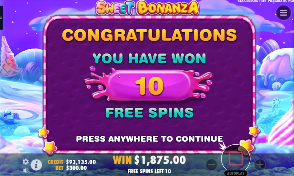 Screenshot showing you have won 10 free spins in Sweet Bonanza slot