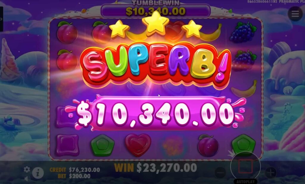 screenshot showing a big win of 10,340 usd in Sweet Bonanz