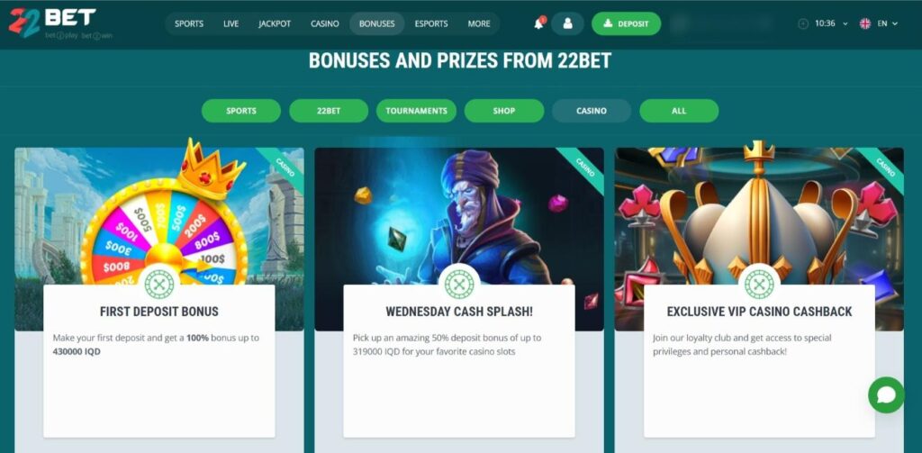 Screenshot of 22Bet casino bonuses and promos page