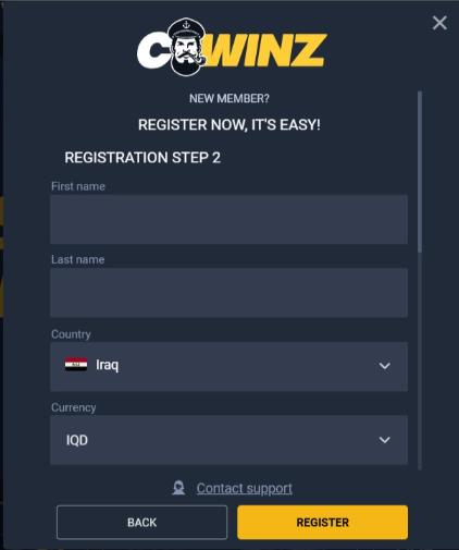 Screenshot of the registration page at Cwinz Casino