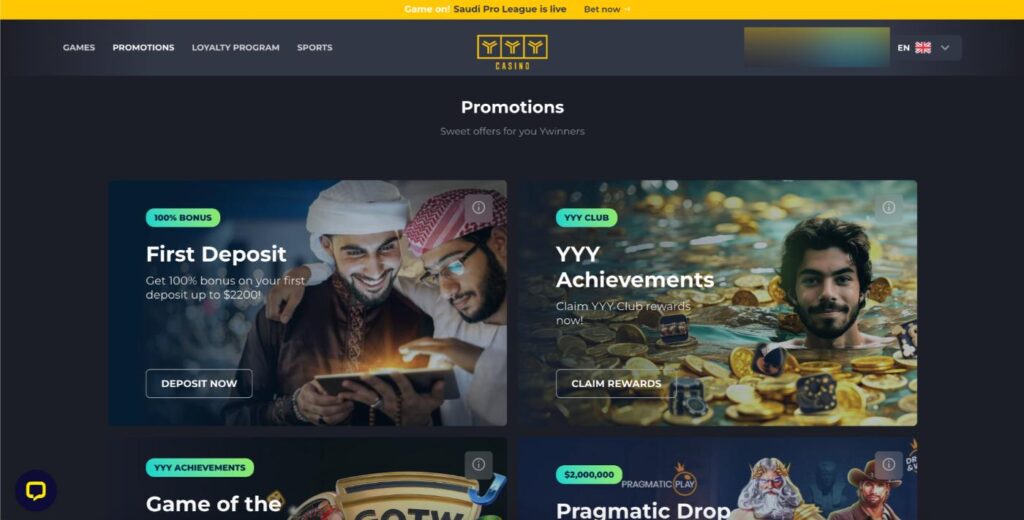 Screenshot of YYY casino bonuses and promos page