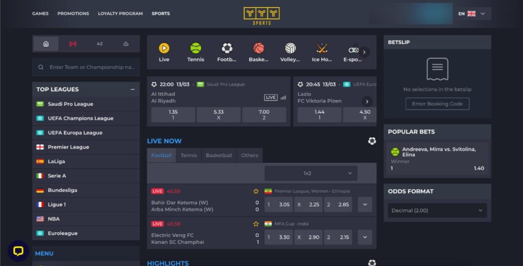 Screenshot of YYY Casino sports betting section