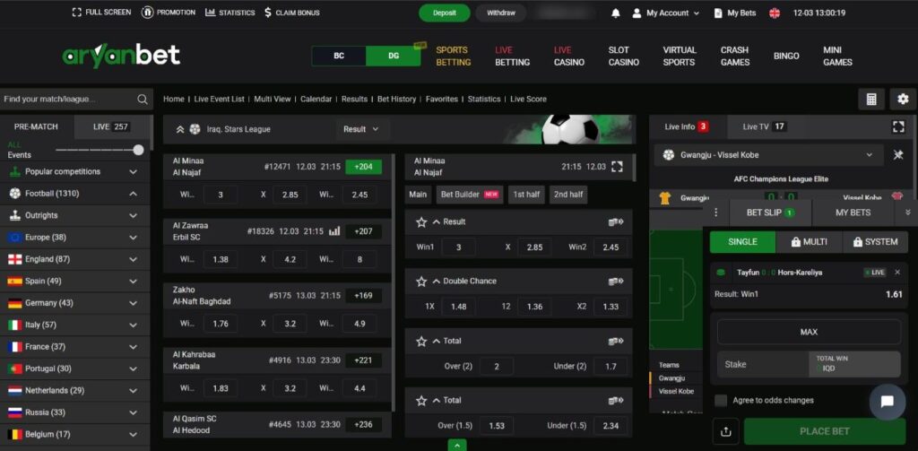 Screenshot of Aryanbet sports betting interface