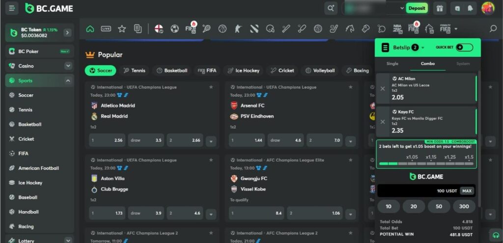 Screenshot of BC.Game sports betting interface