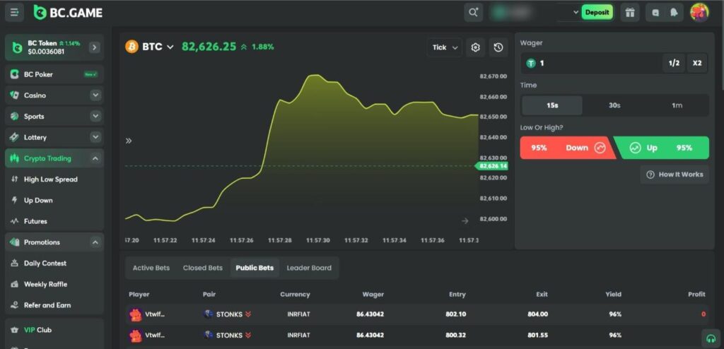 Screenshot of BC.Game casino crypto trading page