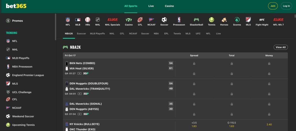 bet365 sports betting section