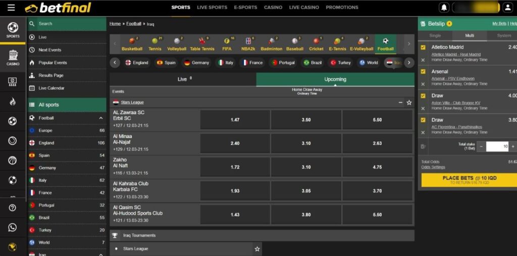 Screenshot of Betfinal casino sports betting page