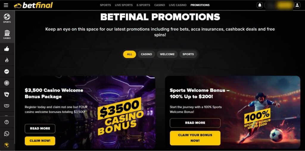 Screenshot of Betfinal casino bonuses and promotions page