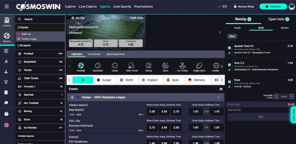 Screenshot of CosmosWin casino sports betting page