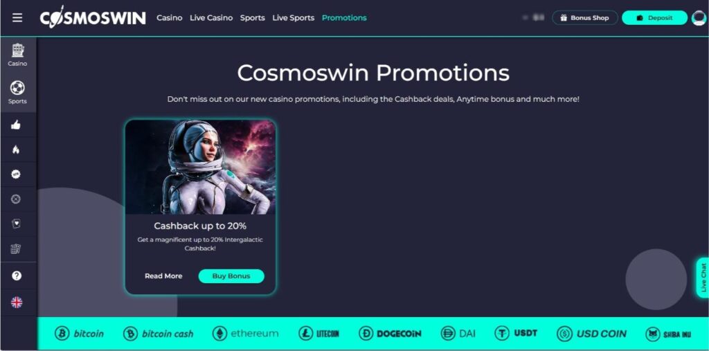Screenshot of CosmosWin casino bonuses and promos page
