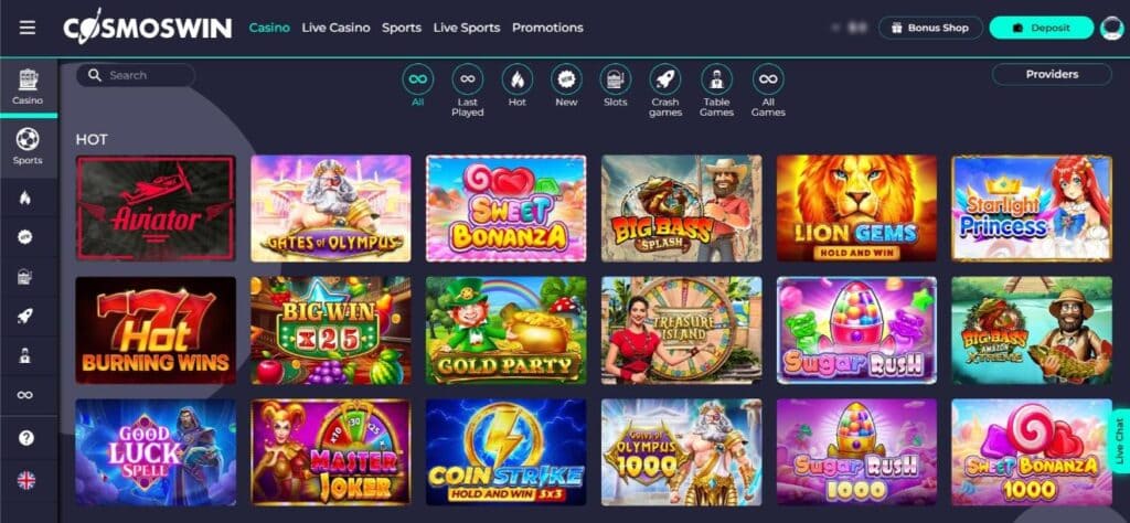 Screenshot of CosmosWin Casino interface