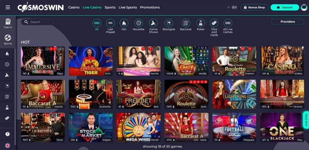Screenshot of CosmosWin Live Casino interface