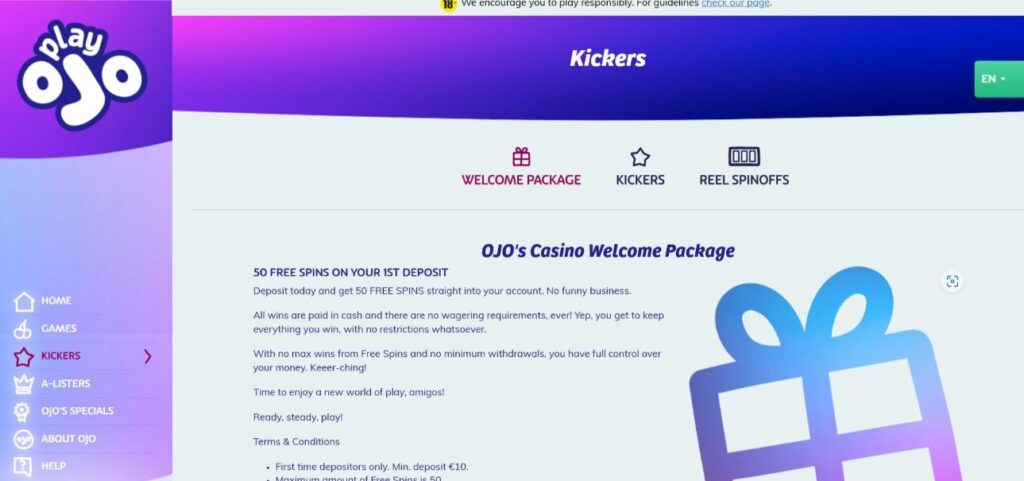 Screenshot of PlayOJO Casino bonuses