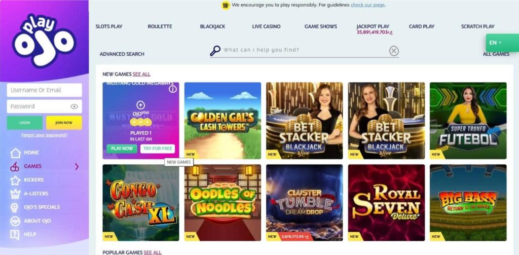 Screenshot of PlayOJO Casino interface