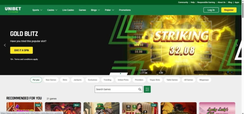 Unibet casino interface
