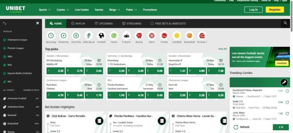Unibet sports betting interface